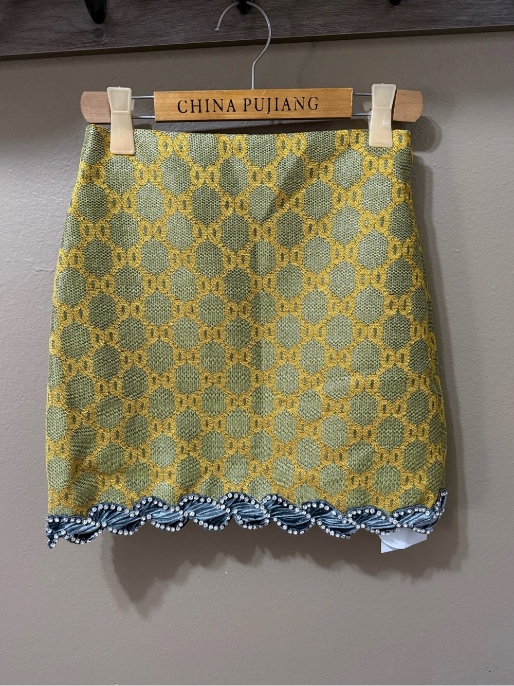Sparkle & Gold Vintage-Inspired Yellow & Green Patterned Embellished Mini Skirt
